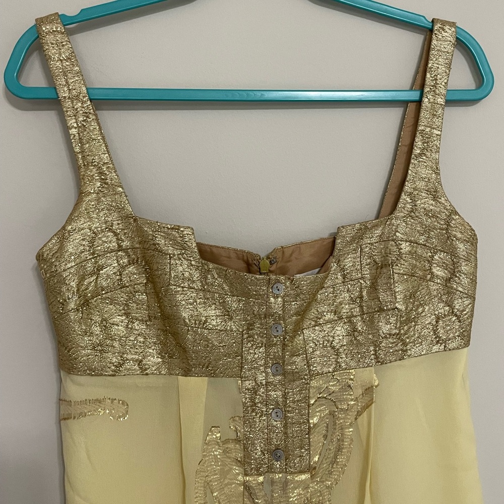 Vintage NICOLE MILLER Baby Doll Empire Waist Gold Silk Dress Size 6